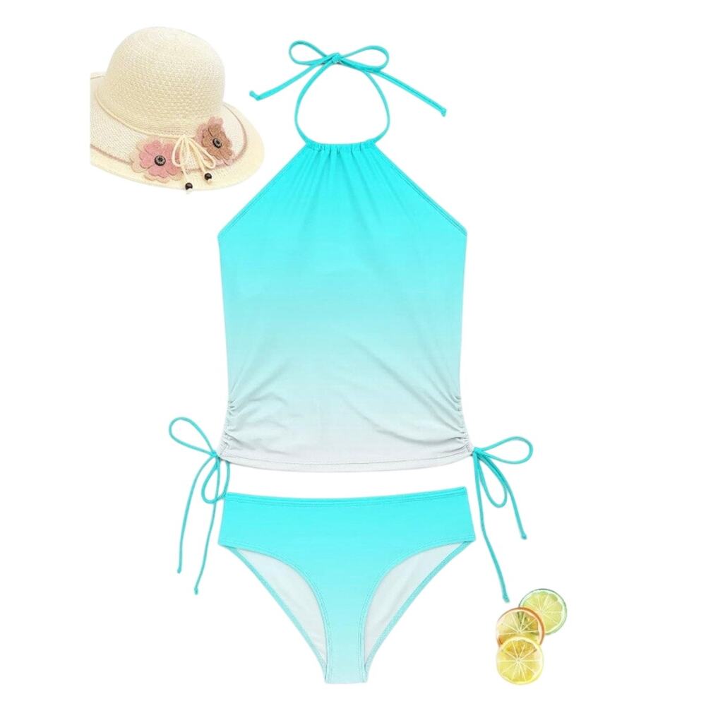 Women Teal Ombre Tankini Set Halter Swim Top Bottom Size S NWT - Picture 4 of 6